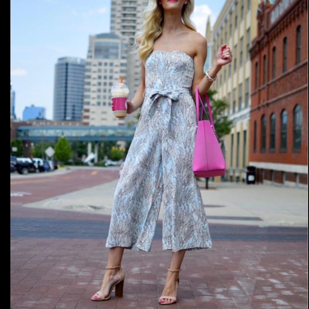 H&M Blue Botanical Print Removable Spag Straps‎ Wide Leg Bandeau Jumpsuit NWT 8